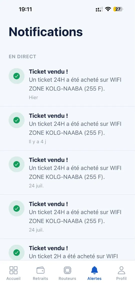 Application Ticket WiFi Zone : notifications de ventes en direct